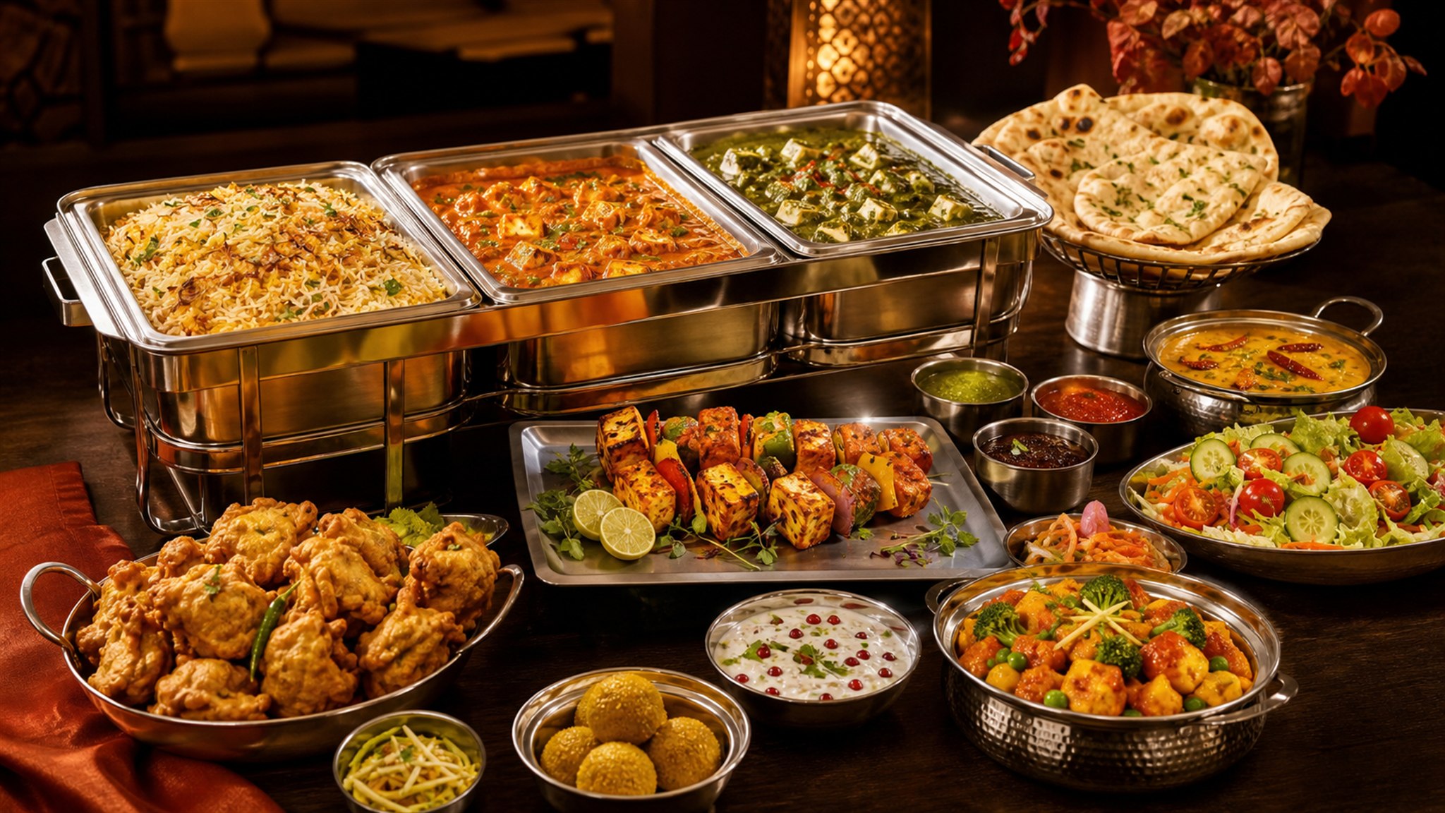 Vegetarian Indian catering spread with biryani, curries, paneer tikka, pakoras, naan, chutneys and salad