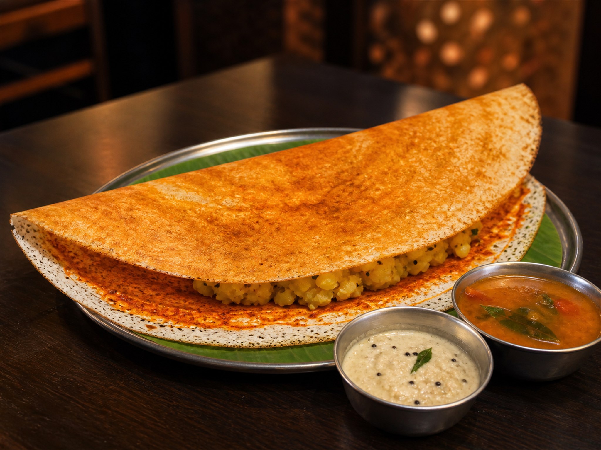 Mysore masala dosa with red garlic chutney, potato masala, coconut chutney and sambar