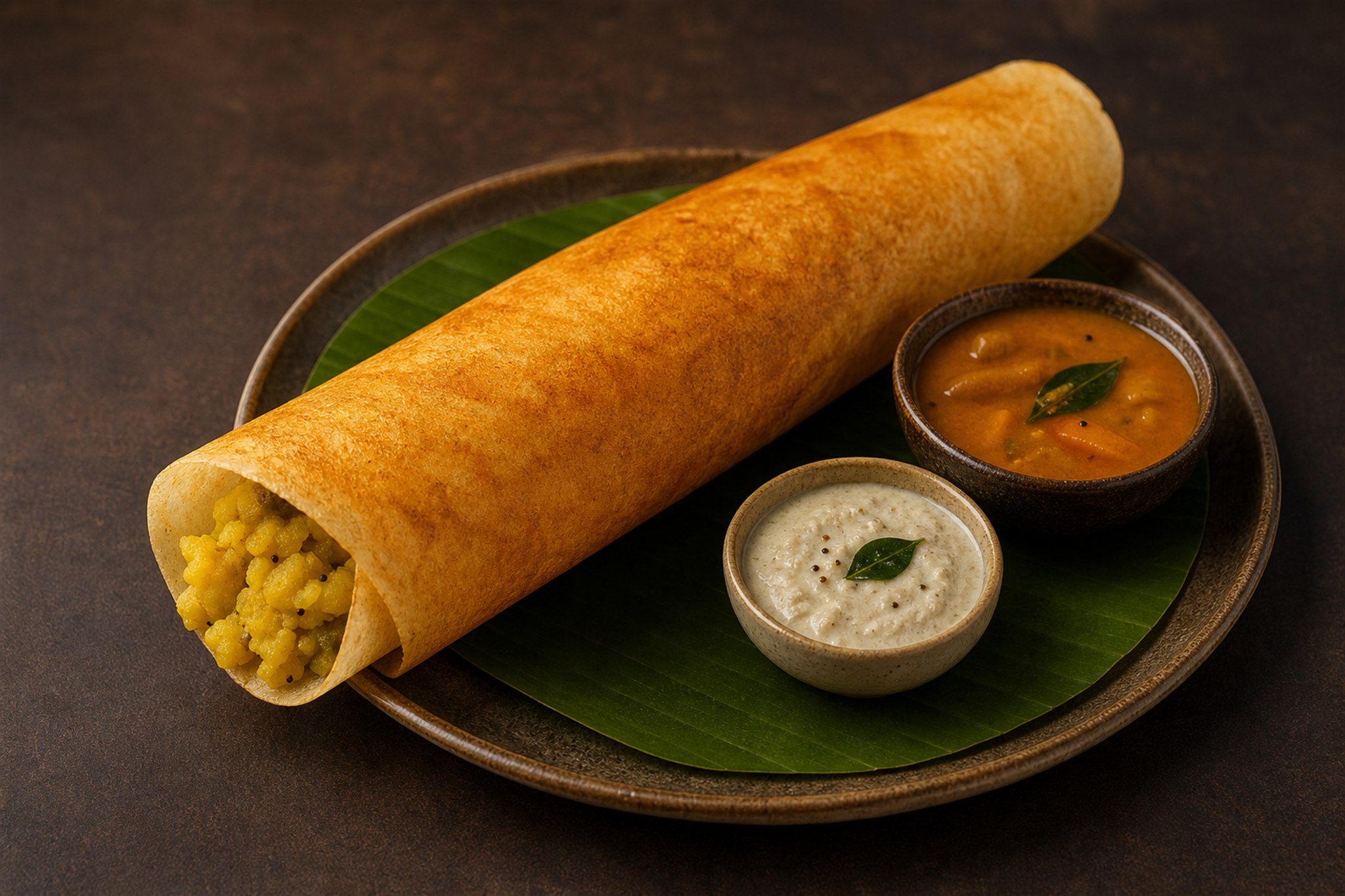 Masala dosa with potato filling, coconut chutney and sambar