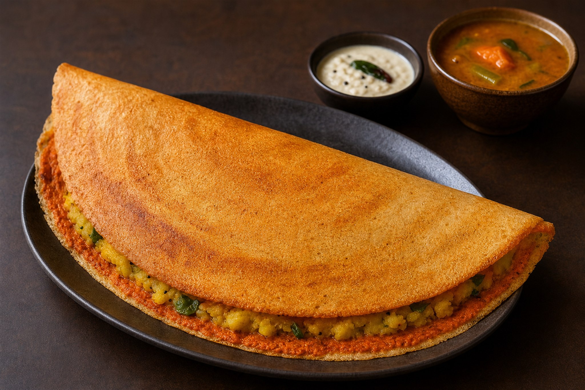 Mysore masala dosa with red garlic chutney and potato filling
