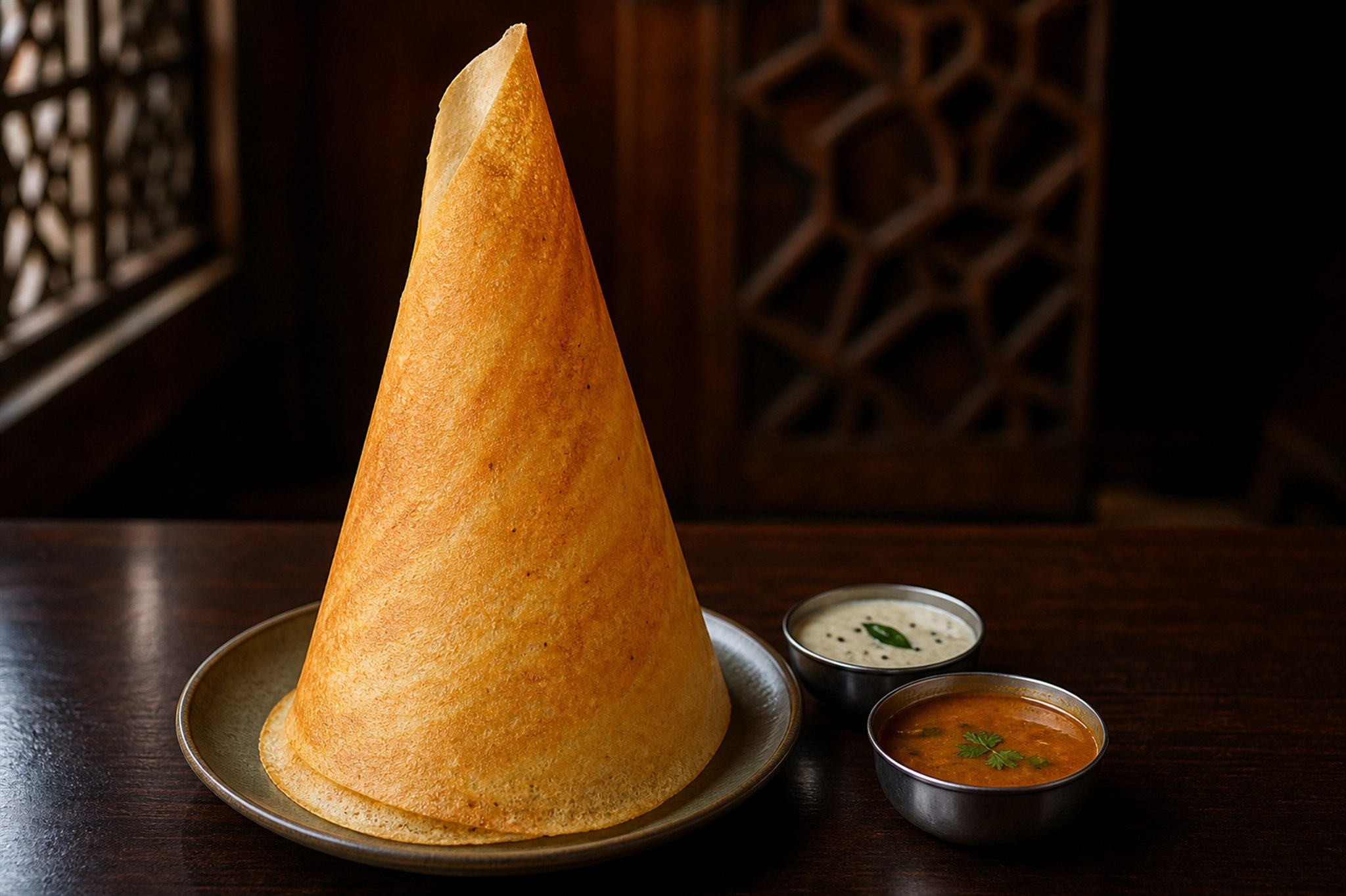 Tall cone-shaped paper dosa with coconut chutney and sambar