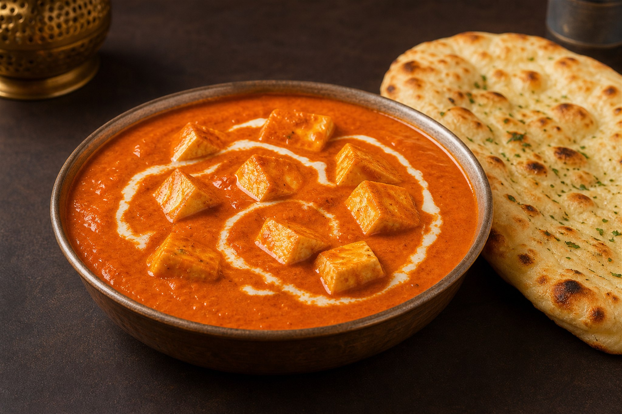 Paneer butter masala with a cream swirl and garlic naan