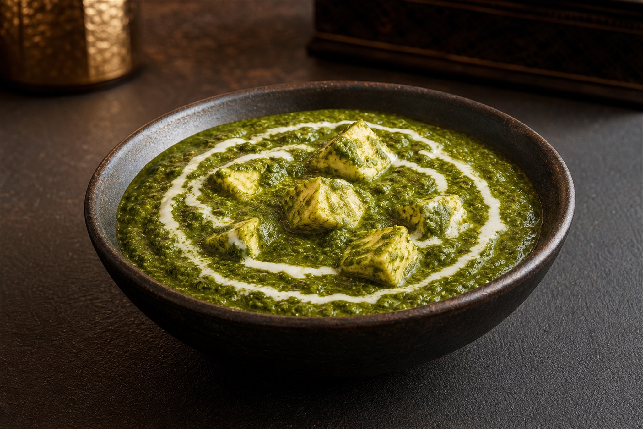Palak paneer with a delicate cream swirl