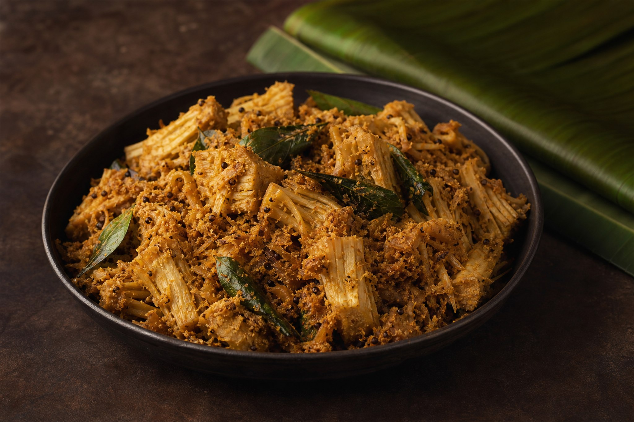 Jackfruit sukka dry curry with toasted coconut and curry leaves