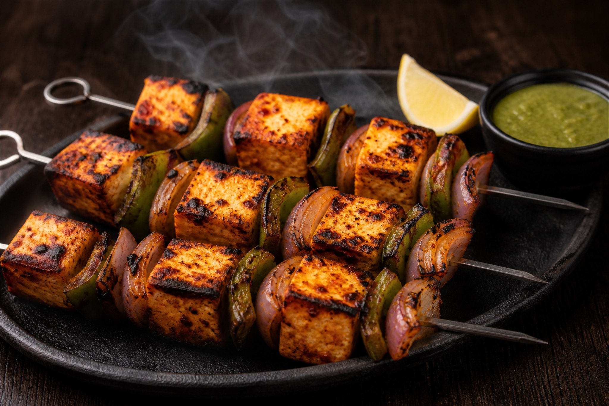 Smoked paneer tikka skewers with onion, pepper and mint chutney