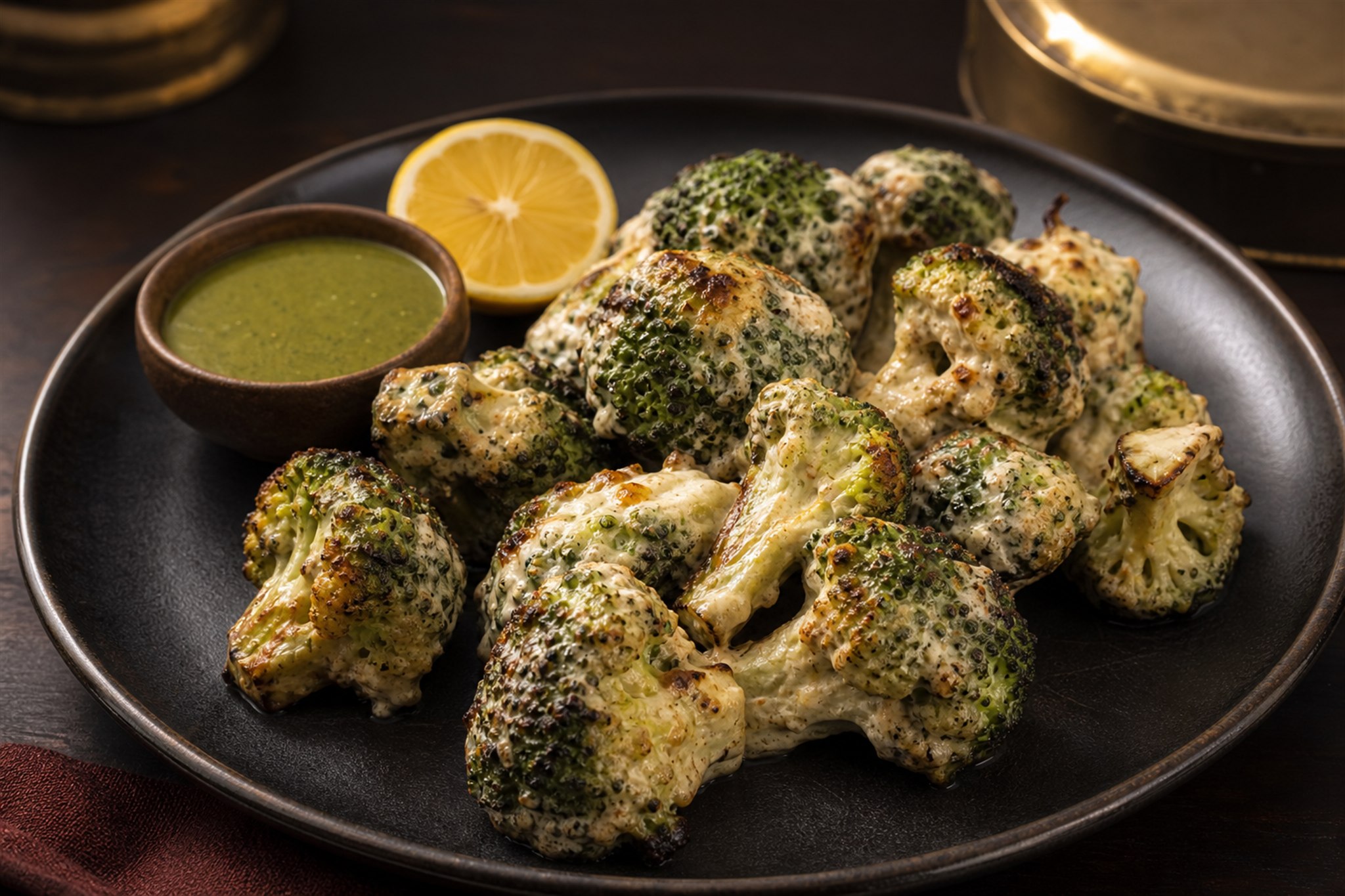 Broccoli malai tikka with mint chutney and lemon