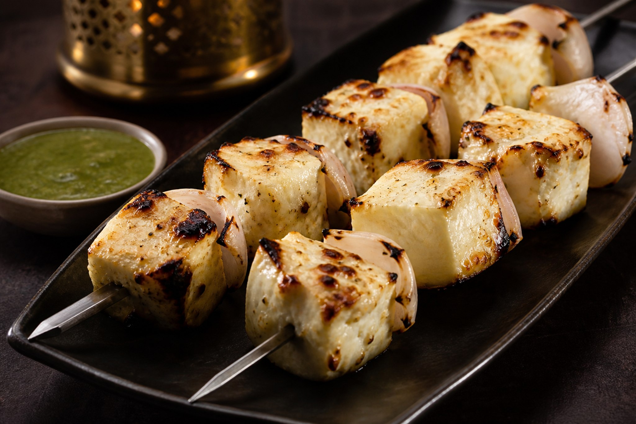 Creamy Afghani paneer tikka skewers with onion and mint chutney